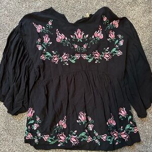 Polagram Black Blouse with Pink Floral Embroidery